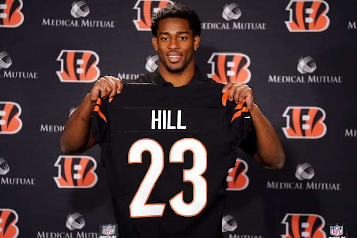 April 29, 2022; Cincinnati, OH, USA; Cincinnati Bengals safety Daxton Hill (23) is introduced as the team s 2022 NFL Draft first-round pick, Friday, April 29, 2022, at Paul Brown Stadium in Cincinnati. Mandatory Credit: Kareem Elgazzar-USA TODAY NETWORK
